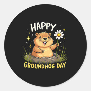 Happy Groundhog Day With Flower Classic Round Sticker
