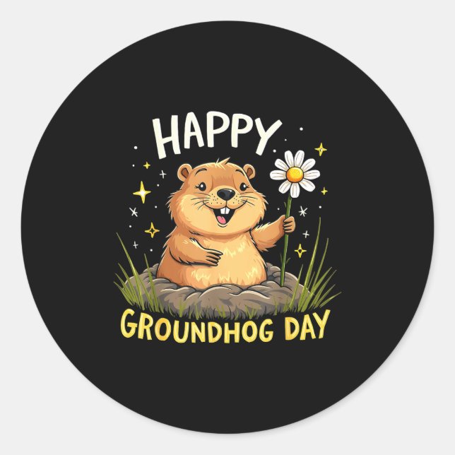 Happy Groundhog Day With Flower  Classic Round Sticker (Front)