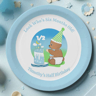 Happy Half Birthday Baby Bear with Cake Party Paper Plate