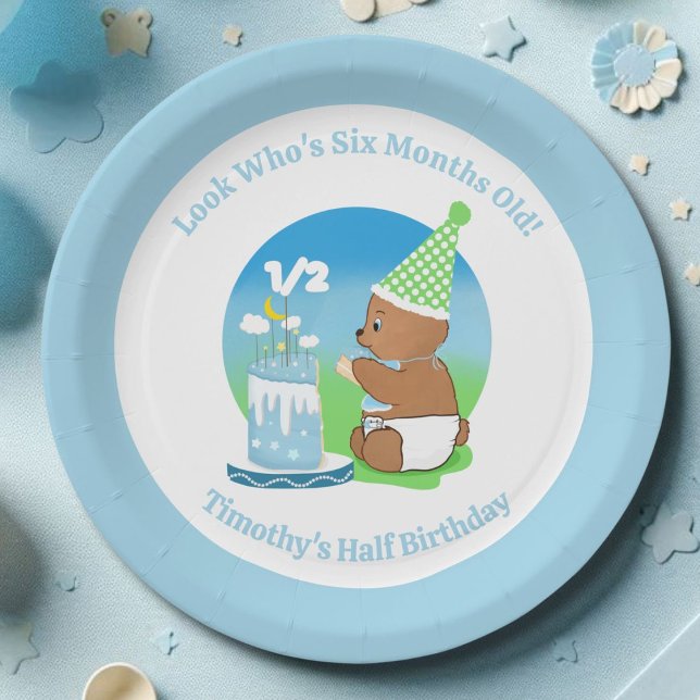 Happy Half Birthday Baby Bear with Cake Party Paper Plate (Creator Uploaded)