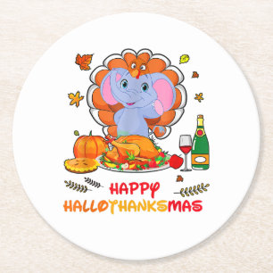 Happy Hallo Thanks Mas Elephant Thanksgiving Gift Round Paper Coaster