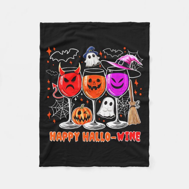 Happy Hallo-wine Funny Halloween Gl Wine Drinking  Fleece Blanket (Front)