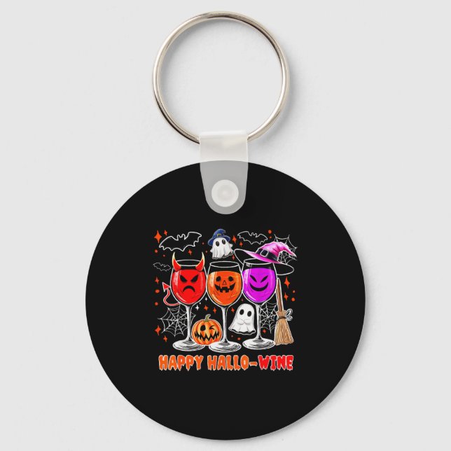 Happy Hallo-wine Funny Halloween Gl Wine Drinking  Key Ring (Front)