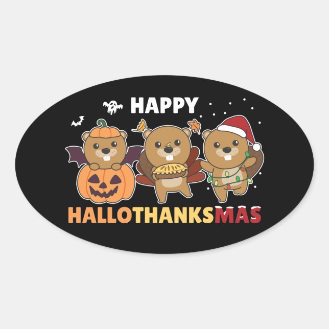 Happy Hallothanksmas Beaver Christmas Beaver Class Oval Sticker (Front)