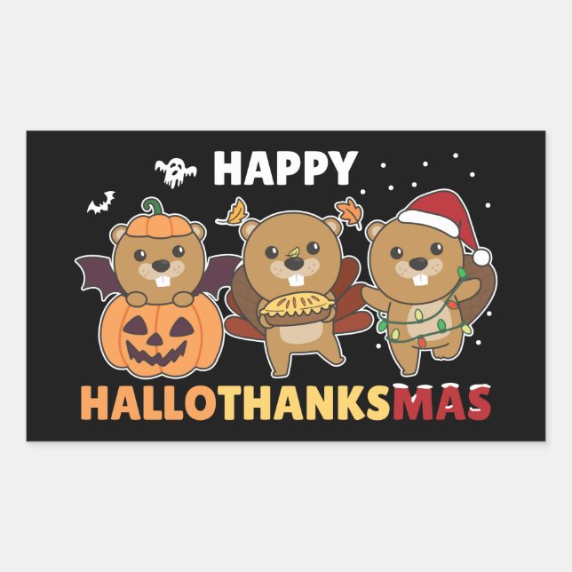 Happy Hallothanksmas Beaver Christmas Beaver Squar Rectangular Sticker (Front)