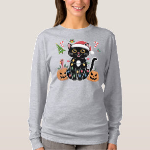 Happy Hallothanksmas Black Cat Halloween Pumpkins T-Shirt