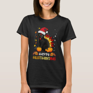Happy Hallothanksmas Black Cat Halloween Thanksgi T-Shirt