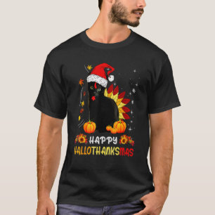 Happy Hallothanksmas Black Cat Halloween Thanksgi T-Shirt