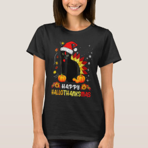 Happy Hallothanksmas Black Cat Halloween Thanksgi T-Shirt