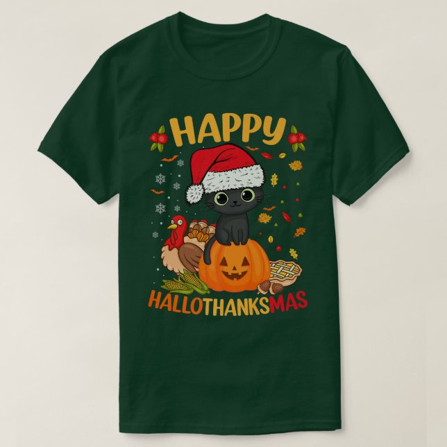 Happy HalloThanksMas Black Cat Santa Hat Holiday S T-Shirt (Design Front)