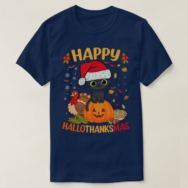 Happy HalloThanksMas Black Cat Santa Hat Holiday S T-Shirt (Design Front)
