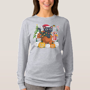 Happy Hallothanksmas Black Cat Santa Hat pumpkin T-Shirt