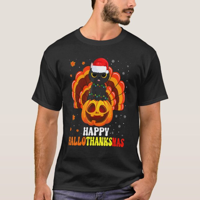 Happy Hallothanksmas Black Cat Santa Pumpkin Turke T-Shirt (Front)