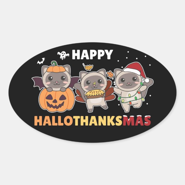 Happy Hallothanksmas Cat Christmas Elephant Classi Oval Sticker (Front)