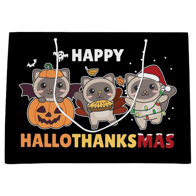 Happy Hallothanksmas Cat Christmas Elephant Large  Gift Bag (Front)