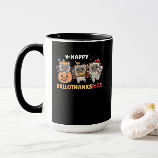 Happy Hallothanksmas Cat Christmas Elephant Mug (With Donut)