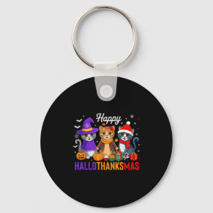 Happy Hallothanksmas Cat Halloween Thanksgiving Ch Key Ring
