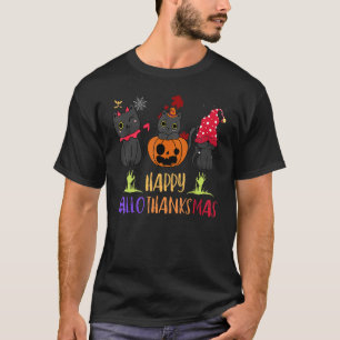 Happy Hallothanksmas Cat Vampire Santa Hat Pumpkin T-Shirt