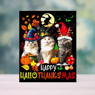  Happy HalloThanksMas Cats Acrylic Sign