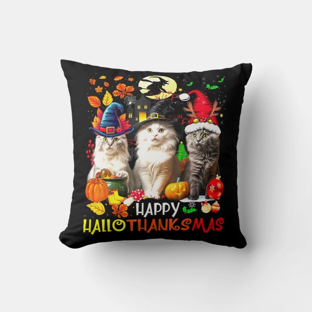  Happy HalloThanksMas Cats Cushion (Front)