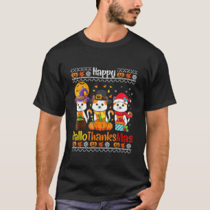 Happy HalloThanksMas Cats Fall Thanksgiving Chris T-Shirt