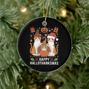 Happy Hallothanksmas Cats Halloween Christmas Ceramic Tree Decoration