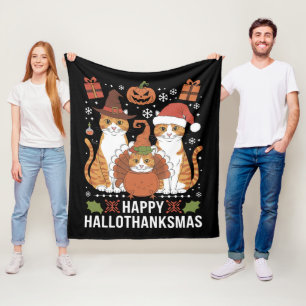 Happy Hallothanksmas Cats Halloween Christmas  Fleece Blanket