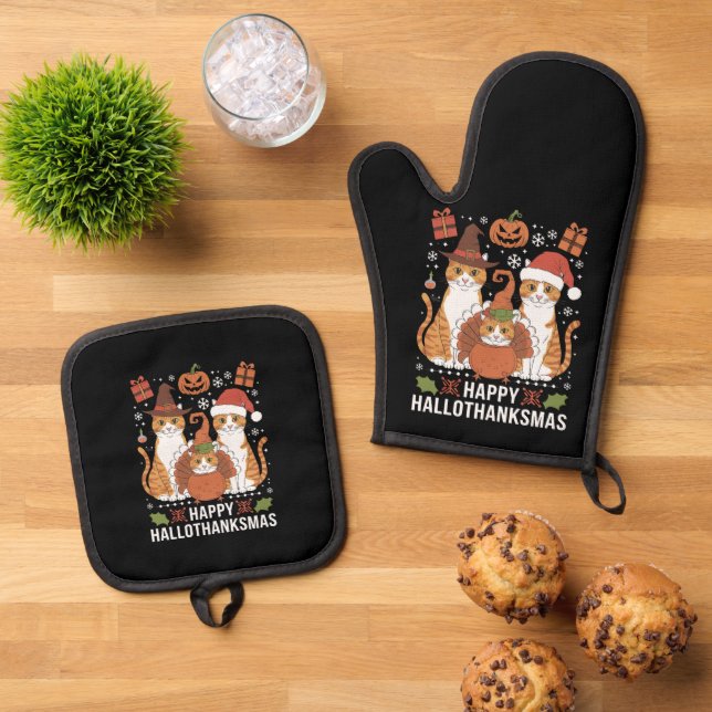 Happy Hallothanksmas Cats Halloween Christmas  Oven Mitt & Pot Holder Set (Top Down)