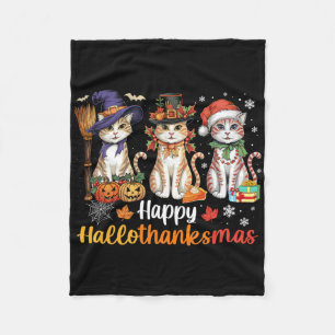 Happy Hallothanksmas Cats Halloween Thanksgiving C Fleece Blanket