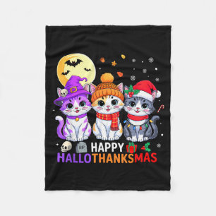 Happy Hallothanksmas Cats Halloween Thanksgiving C Fleece Blanket