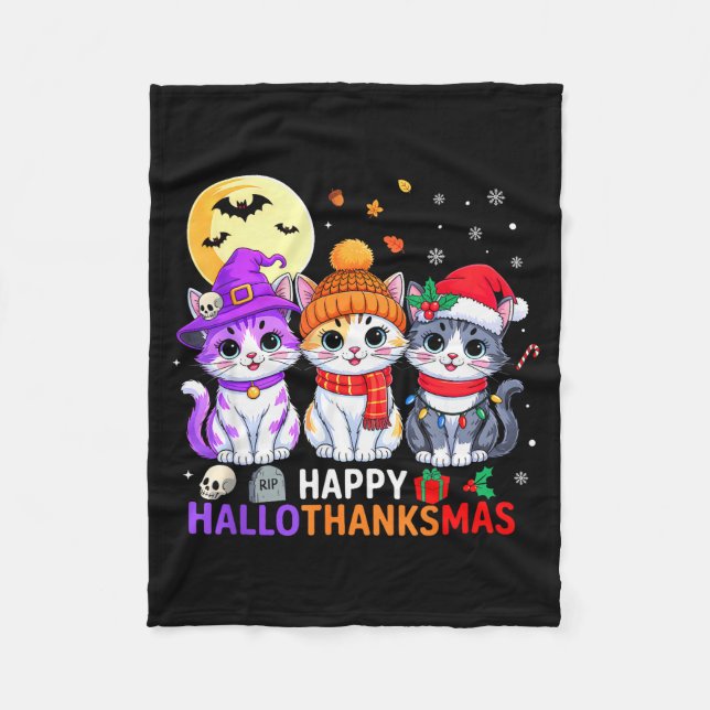 Happy Hallothanksmas Cats Halloween Thanksgiving C Fleece Blanket (Front)