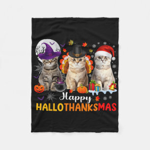 Happy Hallothanksmas Cats Halloween Thanksgiving C Fleece Blanket
