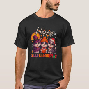 Happy HalloThanksMas Cats Halloween Thanksgiving C T-Shirt