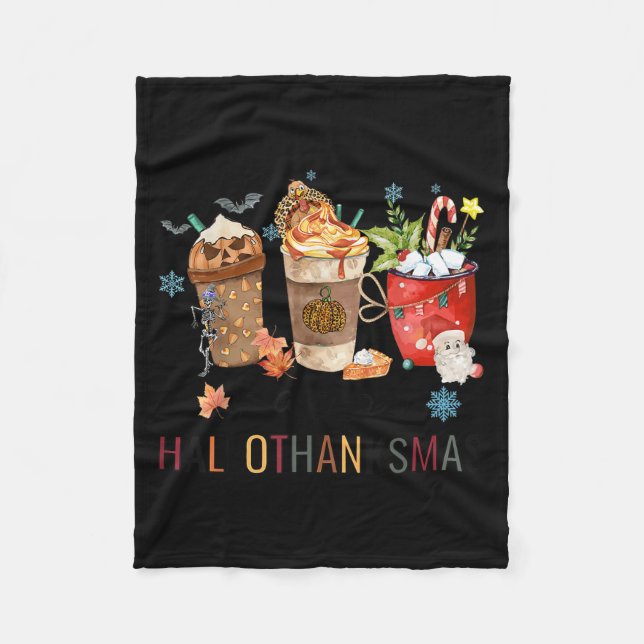 Happy Hallothanksmas Coffee Halloween Thanksgiving Fleece Blanket (Front)