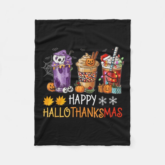 Happy Hallothanksmas Coffee Halloween Thanksgiving Fleece Blanket (Front)