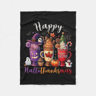 Happy Hallothanksmas Coffee Lover Halloween Merry  Fleece Blanket
