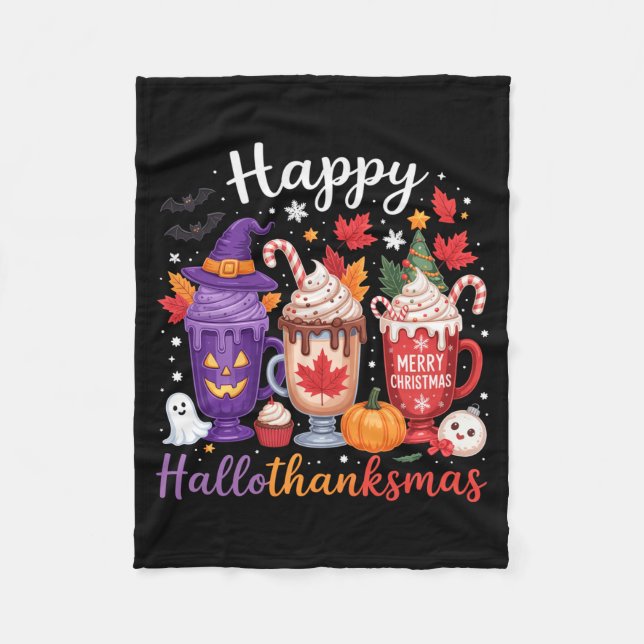 Happy Hallothanksmas Coffee Lover Halloween Merry  Fleece Blanket (Front)