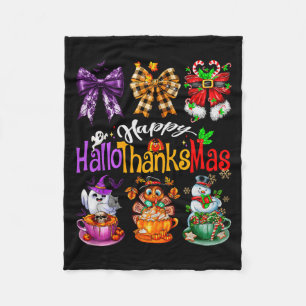 Happy Hallothanksmas Coquette Bow Coffee Latte Can Fleece Blanket