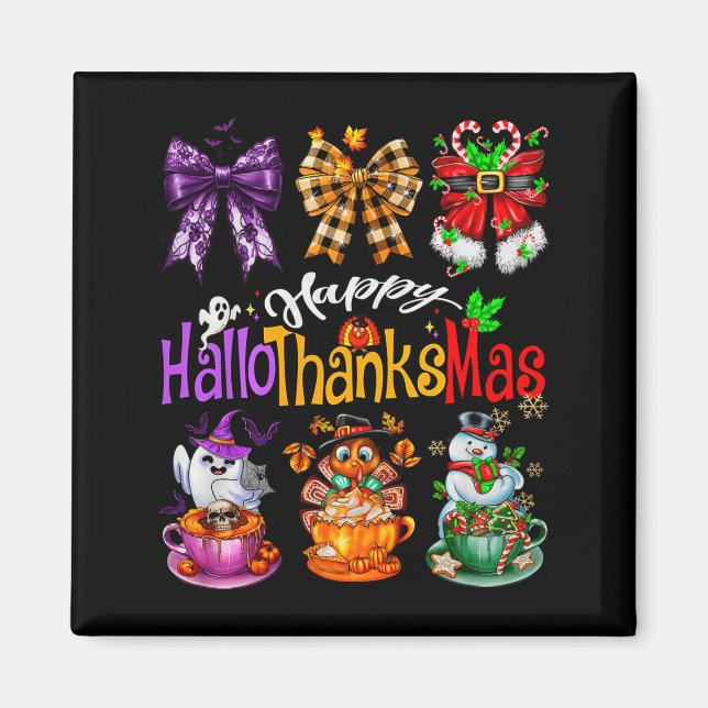 Happy Hallothanksmas Coquette Bow Coffee Latte Can Magnet (Front)