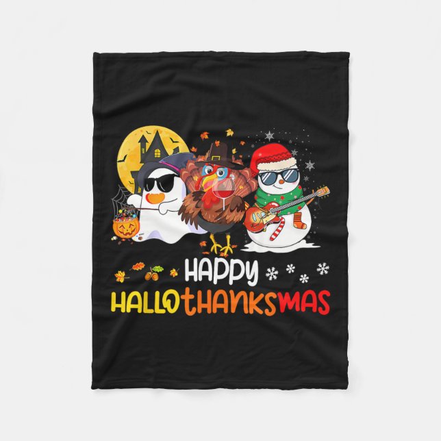Happy Hallothanksmas Cute Ghost Halloween Thanksgi Fleece Blanket (Front)