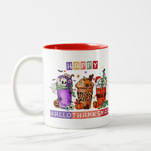 Happy HalloThanksMas Cute Holiday  Two-Tone Coffee Mug