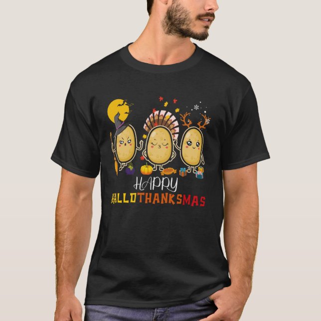 Happy Hallothanksmas Cute Spud Potato Halloween xm T-Shirt (Front)