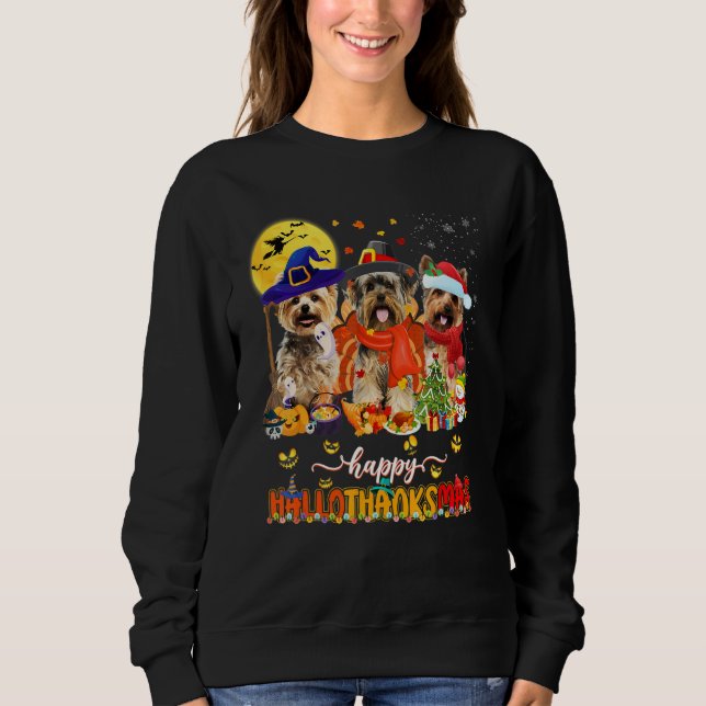Happy Hallothanksmas Cute Yorkie Wizard Hat Turkey Sweatshirt (Front)
