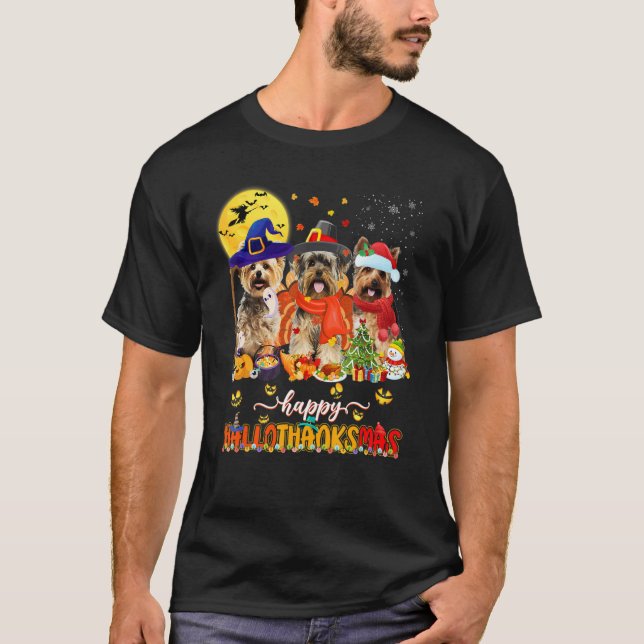 Happy Hallothanksmas Cute Yorkie Wizard Hat Turkey T-Shirt (Front)