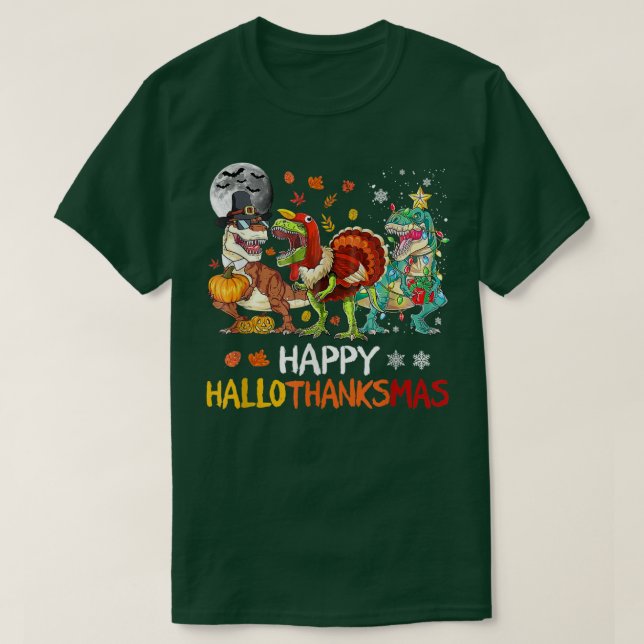 Happy Hallothanksmas Dinosaur TRe Halloween Christ T-Shirt (Design Front)