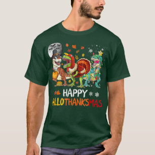 Happy Hallothanksmas Dinosaur TRe Halloween Christ T-Shirt