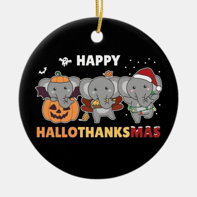 Happy Hallothanksmas Elephant Christmas Elephant C Ceramic Tree Decoration (Front)