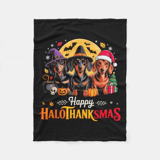Happy Hallothanksmas Funny Dachshund Dog Lover Dog Fleece Blanket (Front)