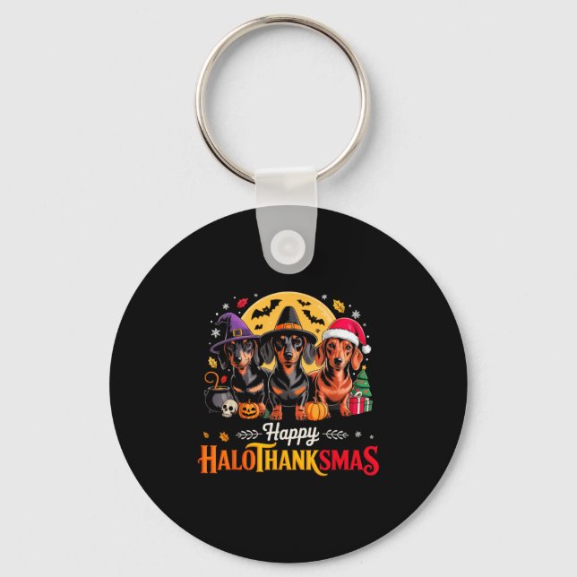 Happy Hallothanksmas Funny Dachshund Dog Lover Dog Key Ring (Front)