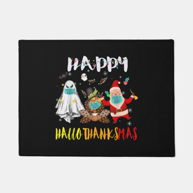 Happy Hallothanksmas Funny Halloween Thanksgiving Doormat (Front)